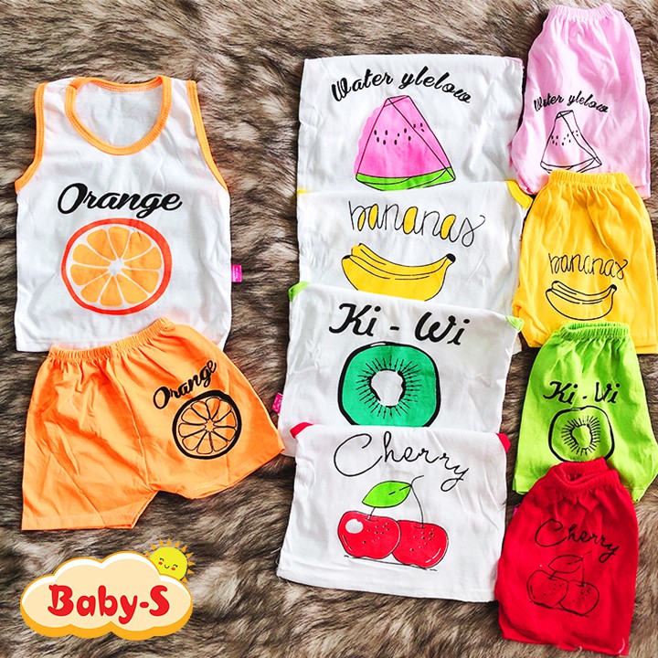 Bộ cotton 2 chiều ba lỗ cho bé trai và bé gái 4-15kg họa tiết hoa quả và hình thú đủ màu sắc tươi tắn Baby-S - SBVN013