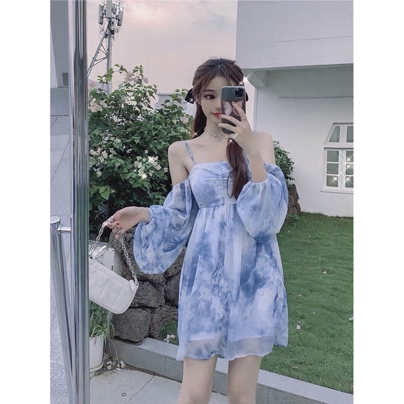 [Order] Đầm trễ vai vải loang xanh dáng babydoll. Váy hai dây khoét vai hình thật cuối