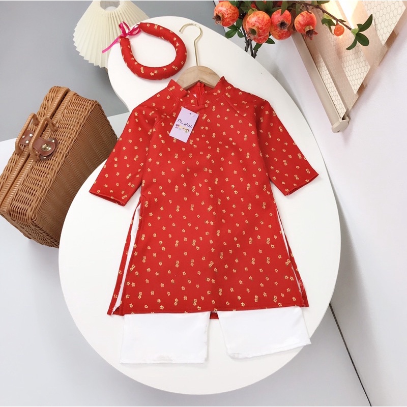 SET ÁO DÀI HOA NHÍ ĐỎ, QUẦN LỤA TRẮNG CHO BÉ 14-18kg