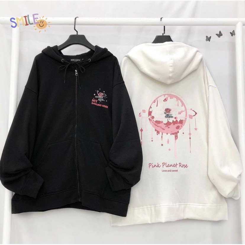 Áo khoác Hoodie dây kéo PLANET ROSE form rộng ulzzang Unisex + ẢNH THẬT