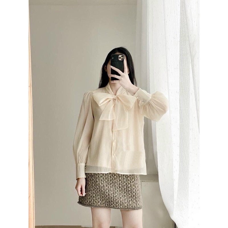 Áo Sơ Mi Dài Tay Nữ Form Rộng Vải Tơ 2 Lớp Thắt Nơ Công Sở
