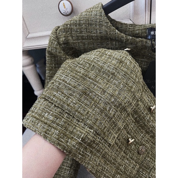 Áo Dạ Tweed xanh rêu cúc đồng ,áo 2lớp form đứng siêu sang