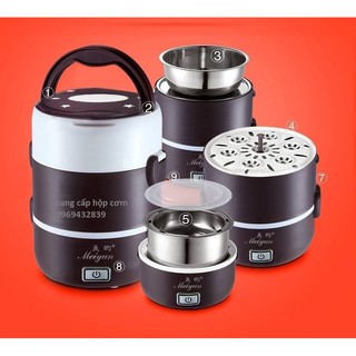 Hộp cơm hâm nóng cắm điện đa năng 3 tầng Inox Meiyun (mầu Nâu cafe)