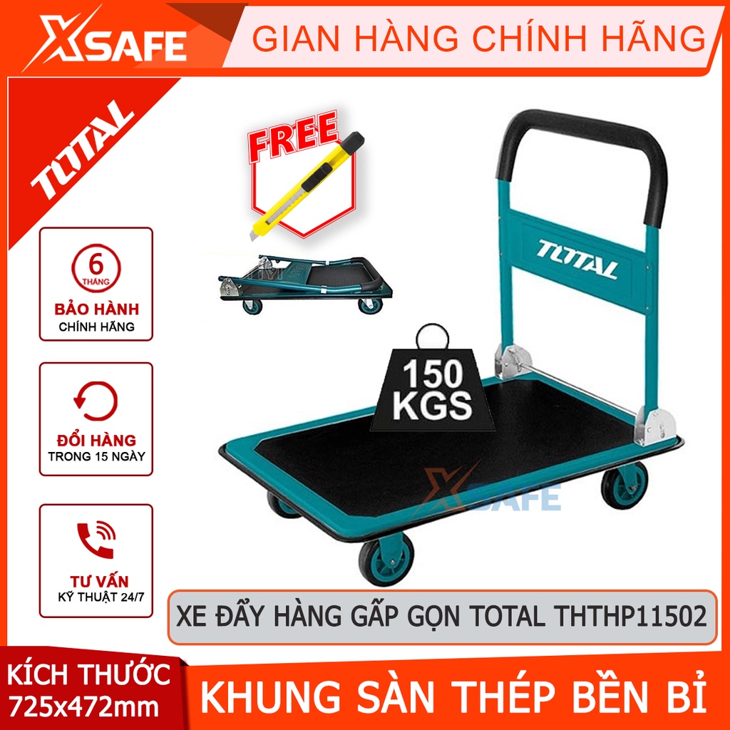 Xe đẩy hàng gấp gọn TOTAL THTHP11502 sàn thép tấm lót mềm thảm chống trơn trượt, 4 bánh PU, tải trọng tối đa 150kg