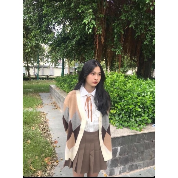 Áo len cardigan hoạ tiết trám viền cổ mix màu phong cách Ullzang