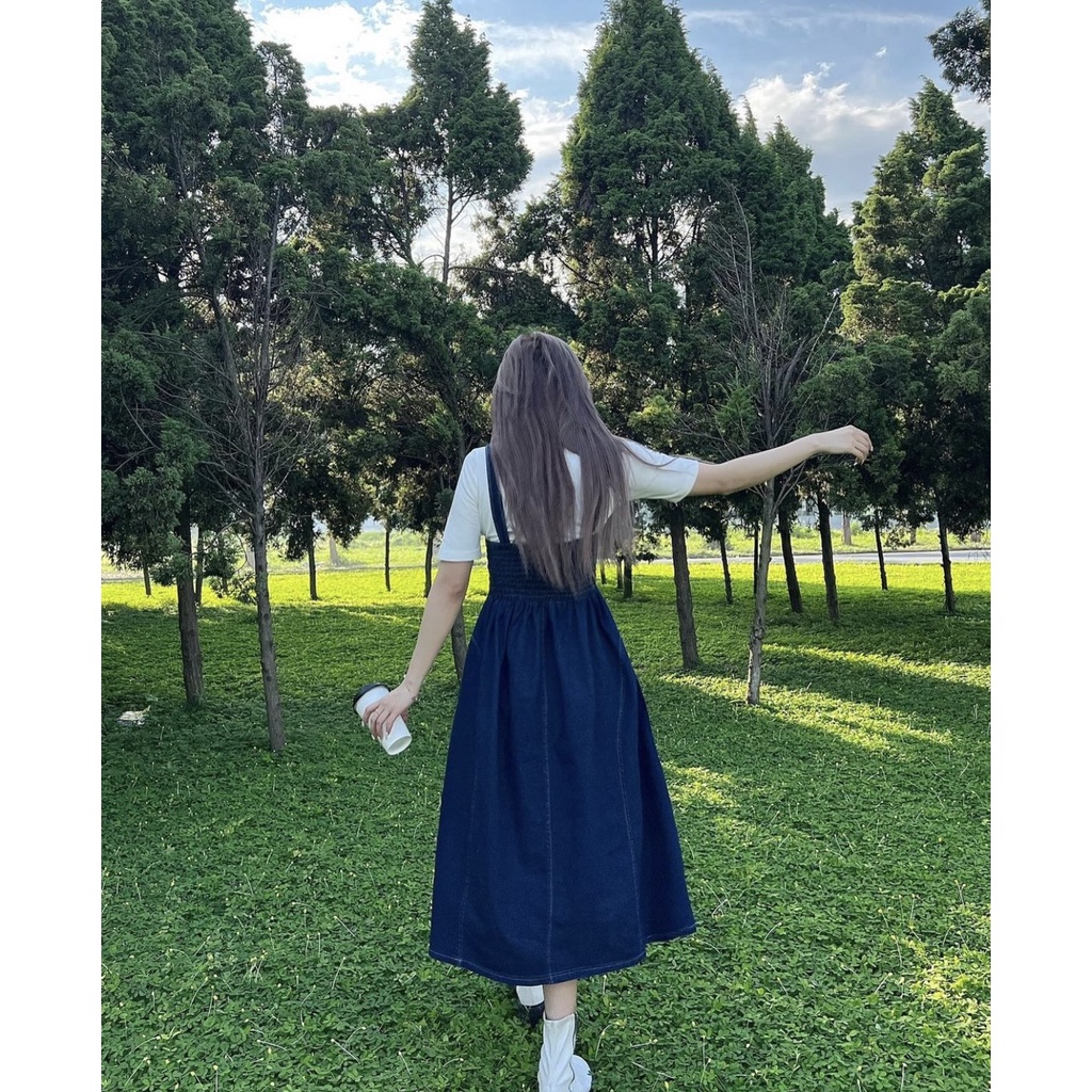 Váy yếm bò viền chỉ chun lưng dáng xòe Hàn Quốc