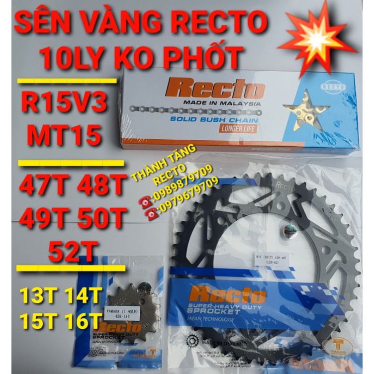 NHÔNG SÊN DĨA R15V3/MT15/XSR 155/FZ 155 SÊN vàng RECTO 10ly 46T 47T 48T 49T 50T nhông 13T 14T 15T 16T