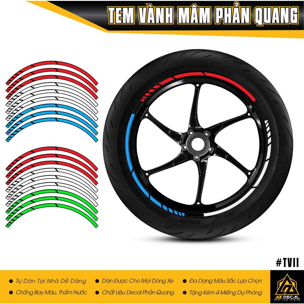 Tem Vành Mâm 3 Màu Phản Quang Dán 2 Bánh | TV11 | Chất Liệu Decal Chống Thấm Nước, Chống Bay Màu