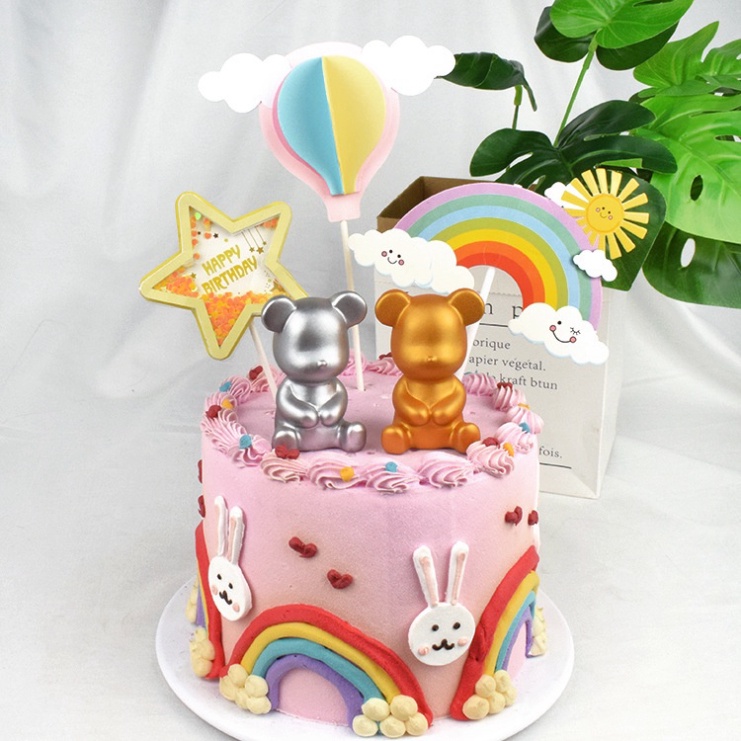 bánh kem trang trí sinh nhật [FREESHIP❤️] gấu vàng bạc dễ thương nhựa đẹp