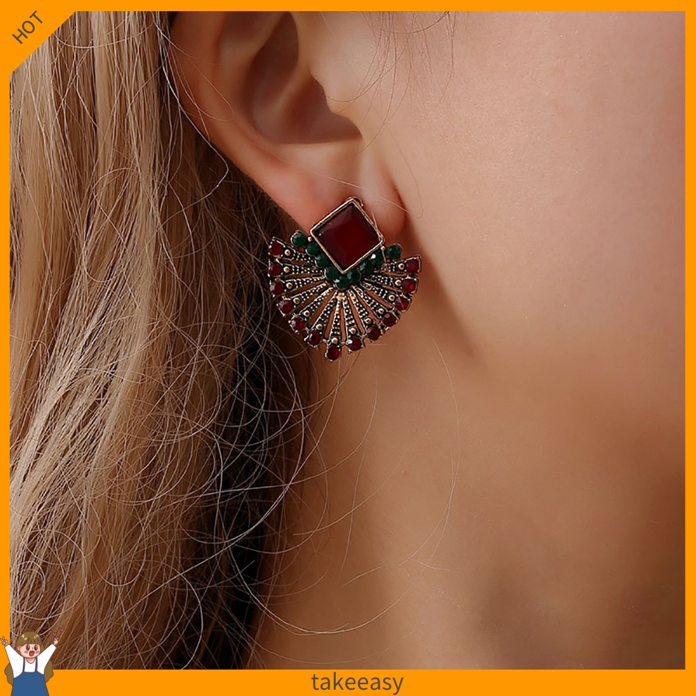 Bông Tai Hình Quạt Đính Đá Phong Cách Bohemian Cổ Điển Thời Trang Cho Nữ