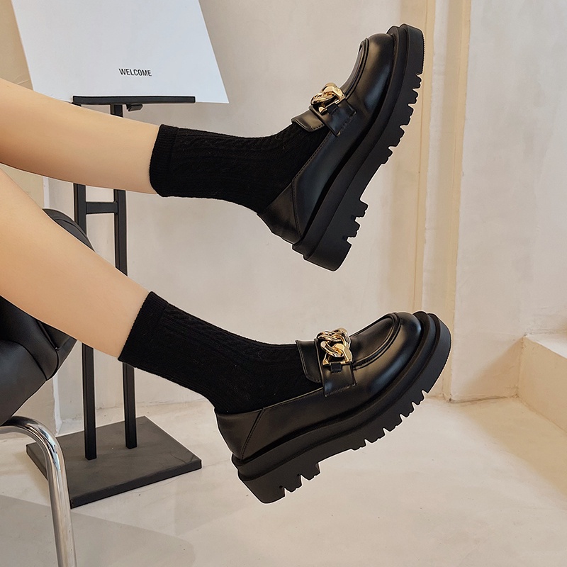 ❤Giày Lười Da Mũi Vuông Đế Dày Phối Dây Xích Kim Loại Kiểu Retro Nhật Hàn Dễ Phối Đồ Cho Học Sinh
