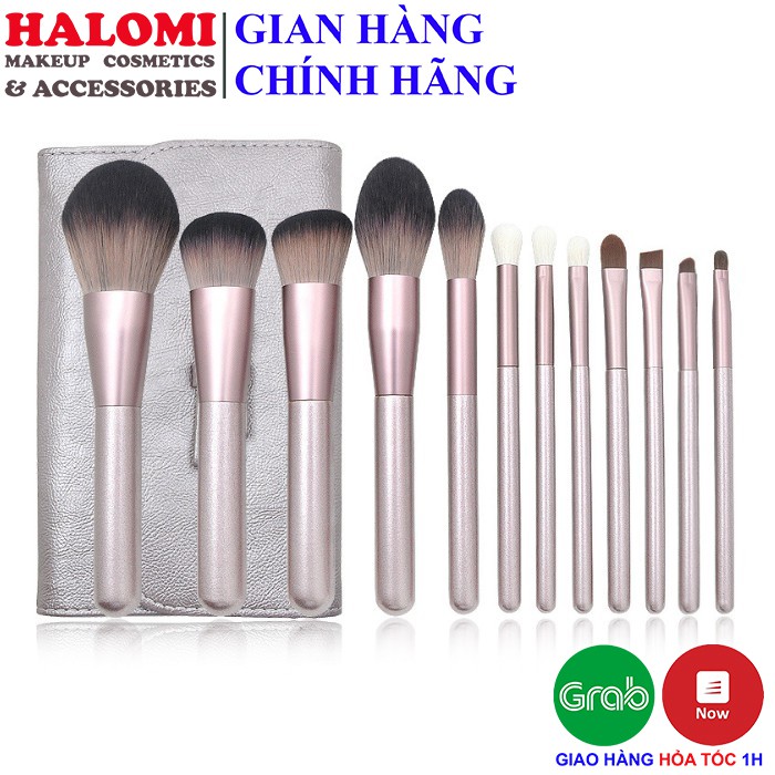 Bộ cọ trang điểm 12 cây thân bạc tím lông thú siêu mềm có bao da đựng chính hãng HALOMI