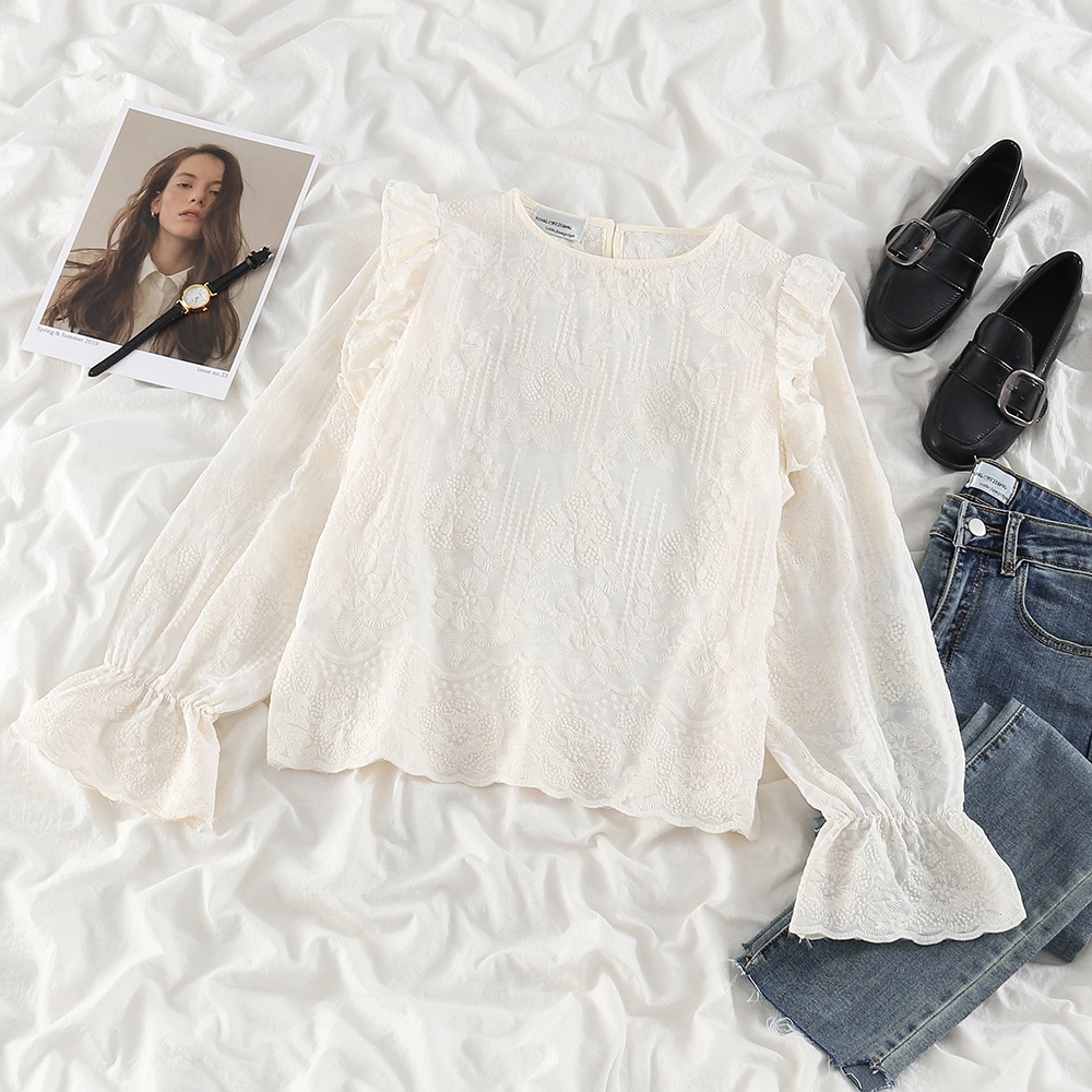 NUZIRO  Áo kiểu  tay dài cổ tròn phối ren thêu hoa dáng rộng thoải mái