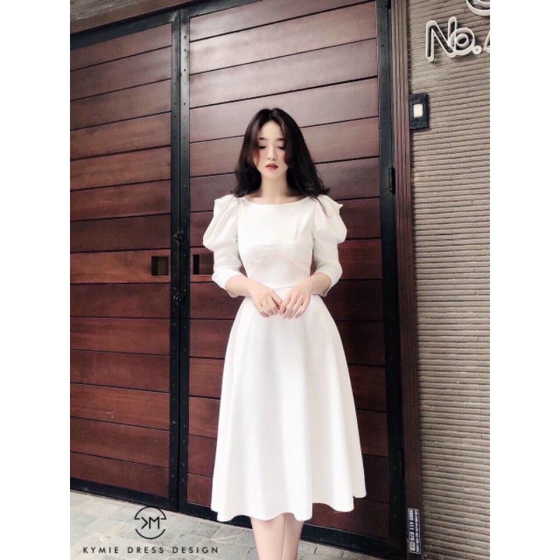 Đầm xòe tay phồng cổ thuyền thanh lịch