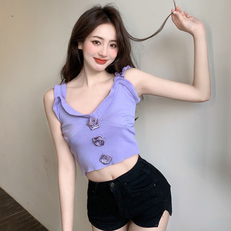 Áo Croptop Dệt Kim Cổ Chữ V Màu Sắc Đơn Giản Phong Cách Hàn Quốc