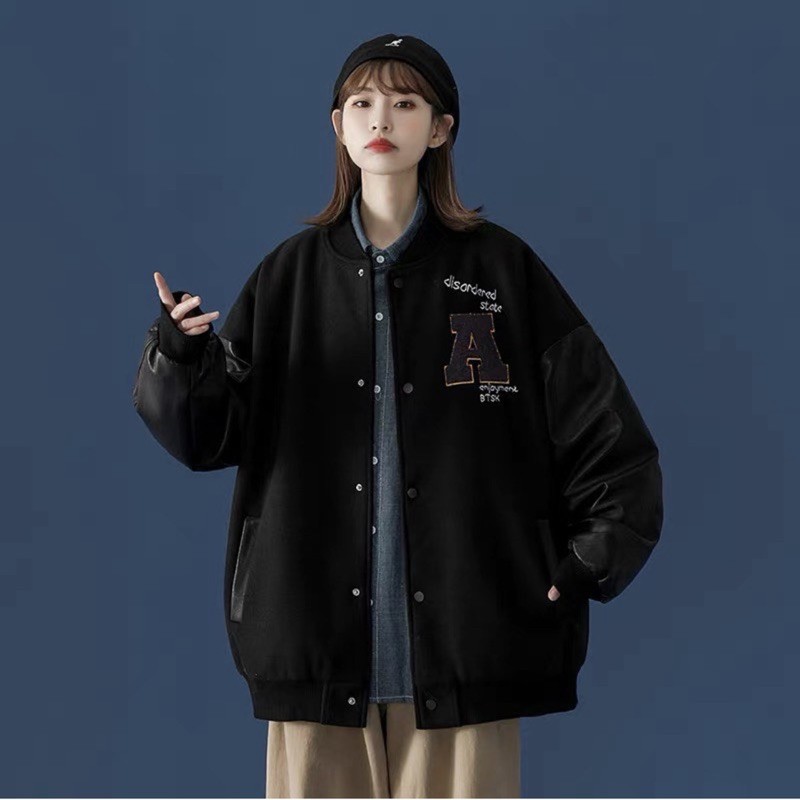 ÁO BOMBER CHỮ A PHỐI TAY DA FORM UNISEX (kèm hình chụp thật) | BigBuy360 - bigbuy360.vn