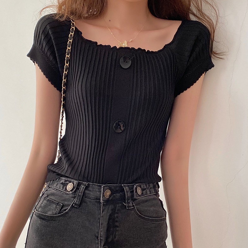 Áo Kiểu Dệt Kim Mỏng Tay Ngắn Hở Vai Nhiều Màu Phong Cách Pháp Thanh Lịch Cho Nữ