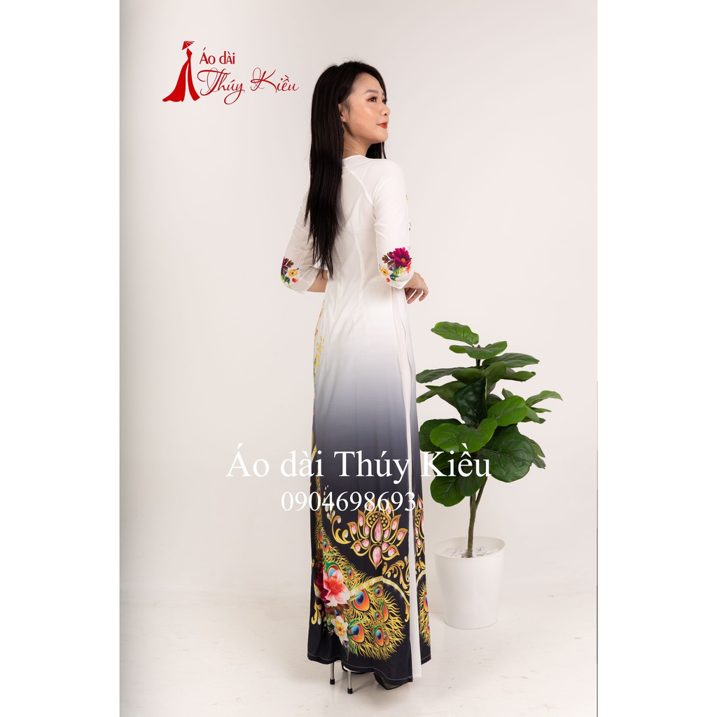 Áo dài Thúy Kiều in 3D lụa Nhật trắng con công K20