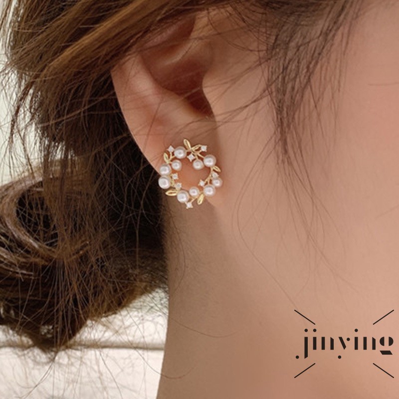 GETNOIVAS Khuyên tai phụ kiện kiểu tròn đính ngọc trai giả và đá nhân tạo hợp thời trang