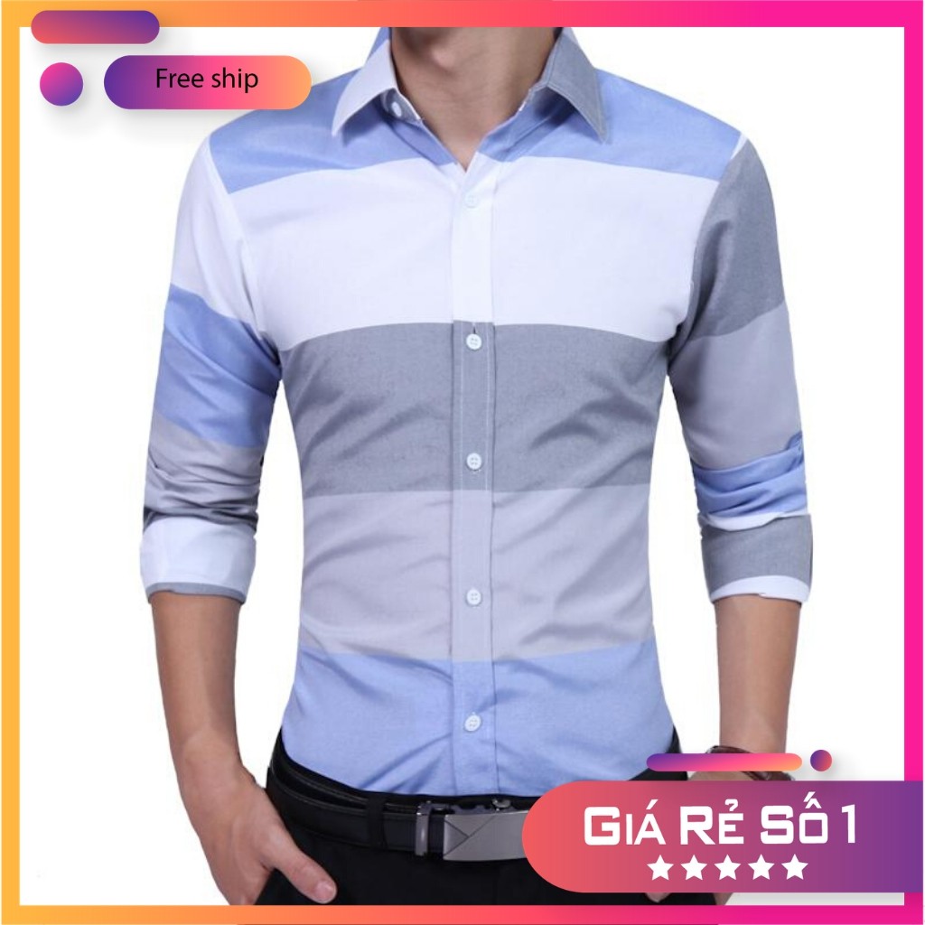 Áo Sơ Mi Nam Dài Tay Phối Sọc Ngang To Bản 💖Freeship💖 Thời Trang Mixupshop Chất Kate Mềm Mịn,Thoáng Mát