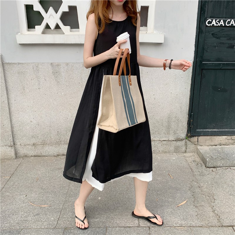 Đầm đen sát nách kiểu phối xẻ tà Hàn Quốc ulzzang