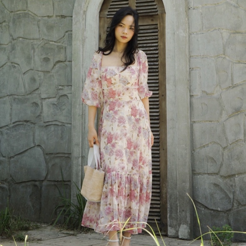 Đầm bánh bèo maxi, đầm tơ hoa ép Monet Garden - Flower & Dot