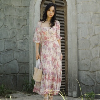 Đầm bánh bèo maxi, đầm tơ hoa ép Monet Garden - Flower & Dot