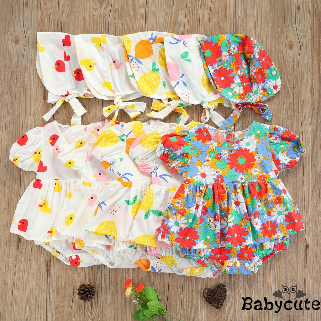 Bộ Trang Phục 2 Mảnh Gồm Áo Liền Quần Tay Phồng In Họa Tiết Hoạt Hình Và Mũ Che Nắng Thời Trang Mùa Hè Cho Bé Gái