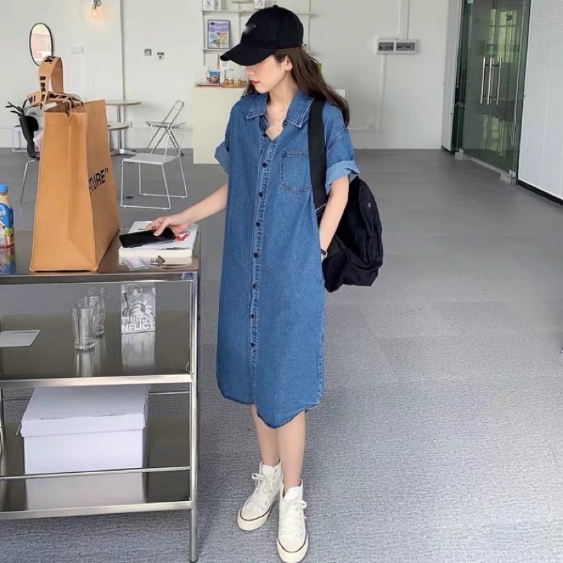 Đầm Denim Bò Ulzzang Style (Hàng Quảng Châu Loại 1) Váy Jeans Form Rộng Phong Cách Hàn Quốc