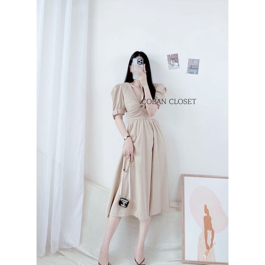 Váy xoắn ngực tôn V1 đầm nơ tay maxi thiết kế tỉ mỉ-Minxy shop