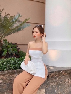 set áo cúp xẻ tà + quần ống suông