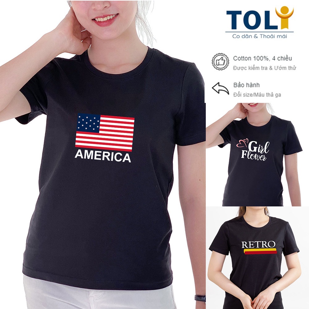 Áo thun nữ TOLI cổ tròn màu đen in độc quyền, 100% cotton 4 chiều mềm mịn, co dãn, form suông cơ bản