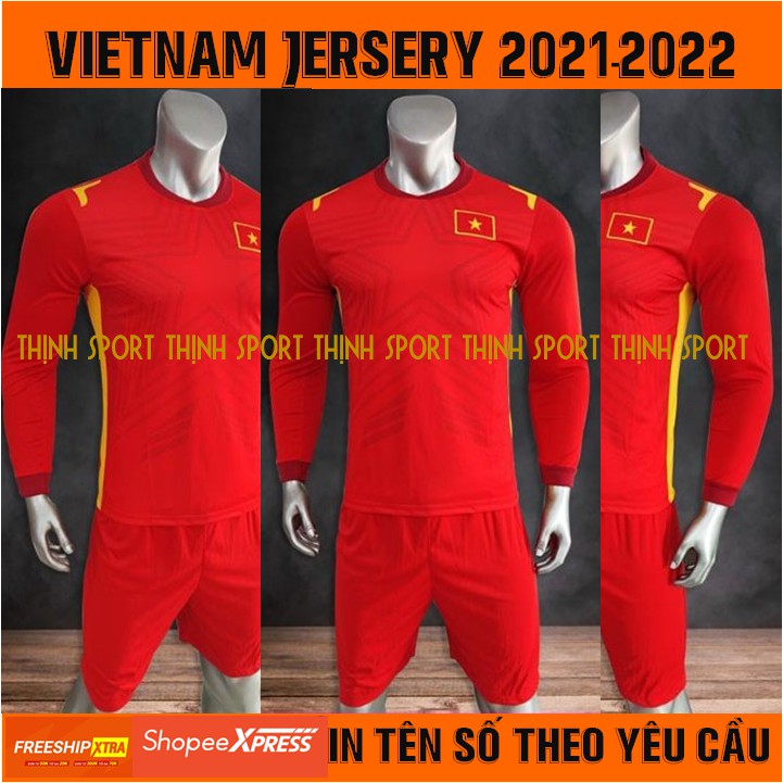 Bộ quần áo đá banh tay dài Việt Nam, Bộ quần áo bóng đá tay dài in tên và số theo yêu cầu