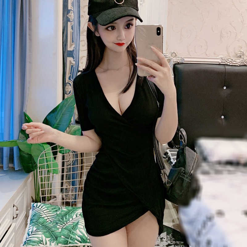 Đầm Ngắn Tay Cổ Chữ V Thiết Kế Bất Đối Xứng Phong Cách Hàn Quốc