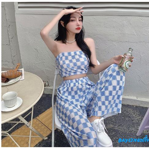 Bay-Women 2PCS Outfits, Check Pattern Sleeveless Tube Tops, High Waist Long Wide Leg Pants