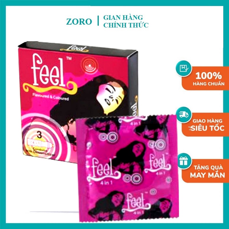 Hộp bao cao su feel 4 in 1 siêu mỏng ,gel bôi trơn hương dâu siêu nhiều 3 bao - hộp, kéo dài thời gian