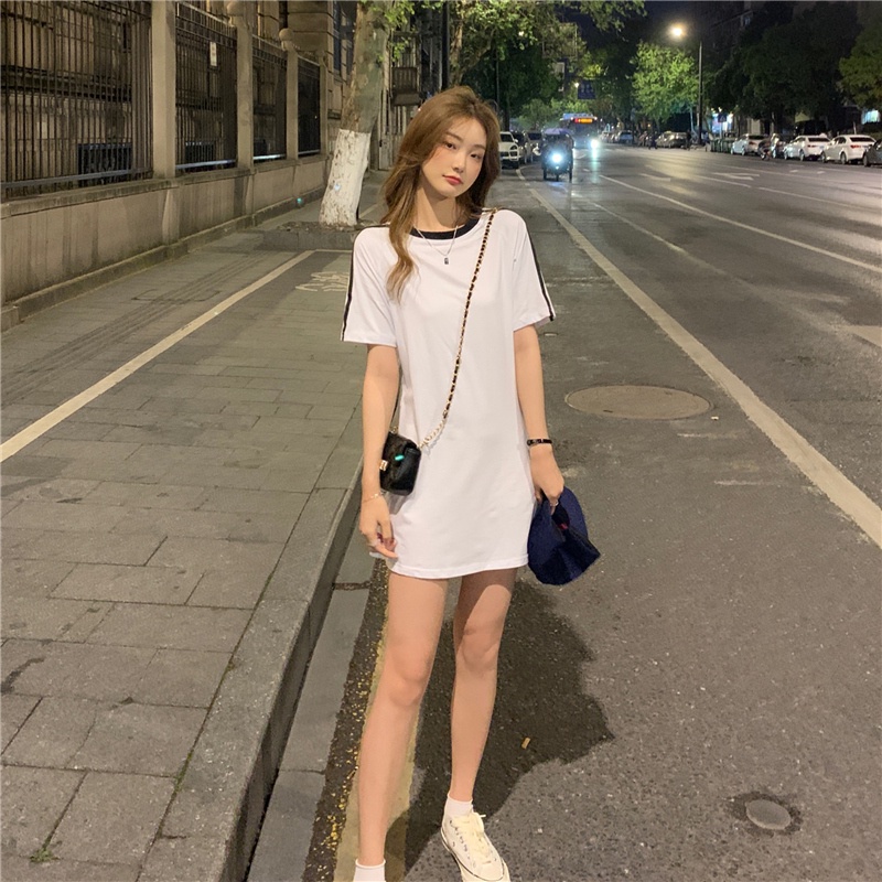 Đầm ngắn tay cổ tròn dáng rộng thời trang Hàn Quốc tùy chọn màu sắc