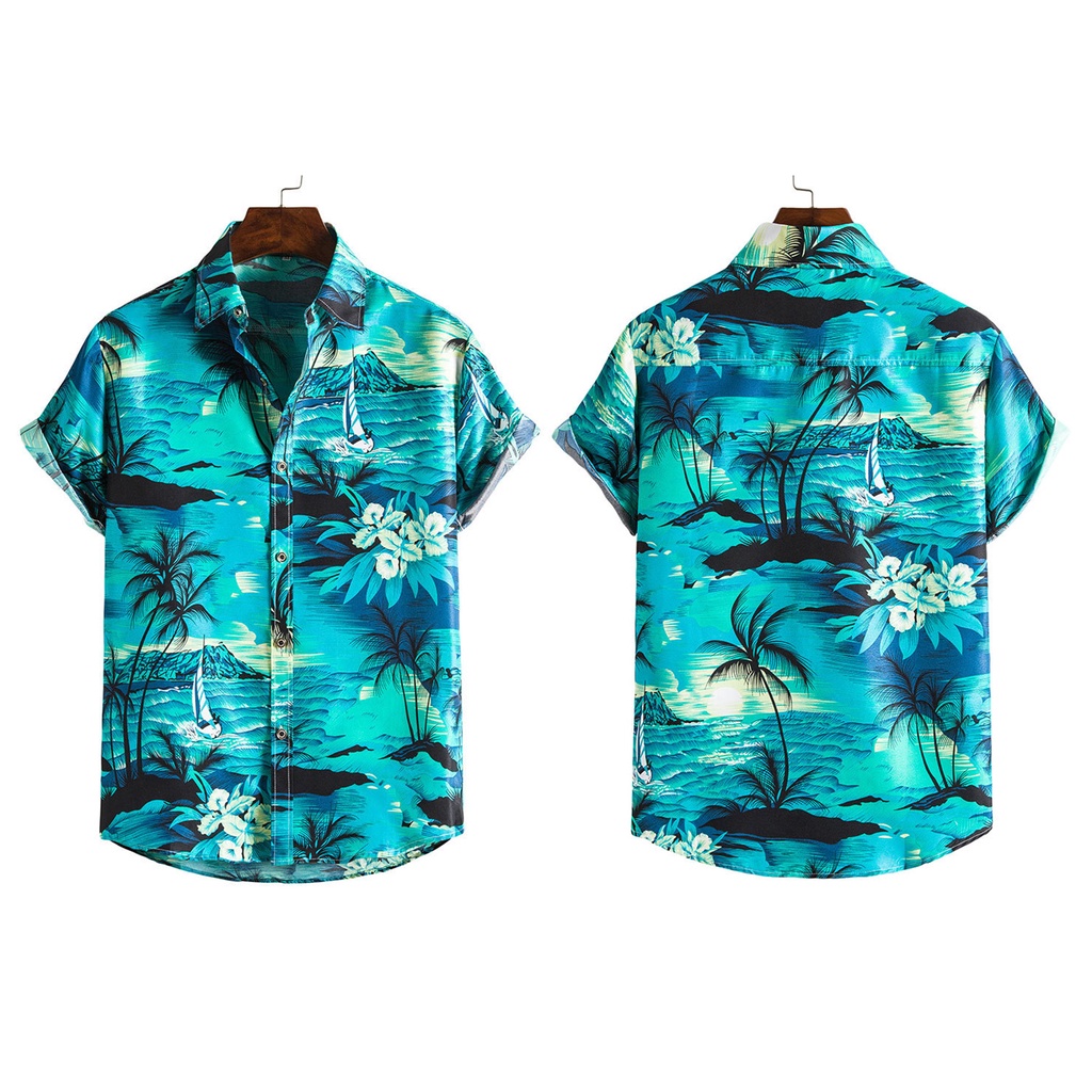 Áo Sơ Mi Nam Ngắn Tay Cổ Bẻ Cài Nút Xuống In Hình Cây Dừa Hawaii Thời Trang Du Lịch