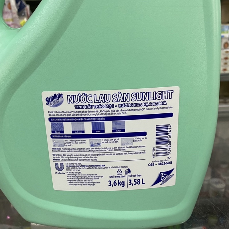 Nước Lau Sàn Sunlight Tinh Dầu Thảo Mộc Hoa Hạ &amp; Bạc Hà 3.6kg