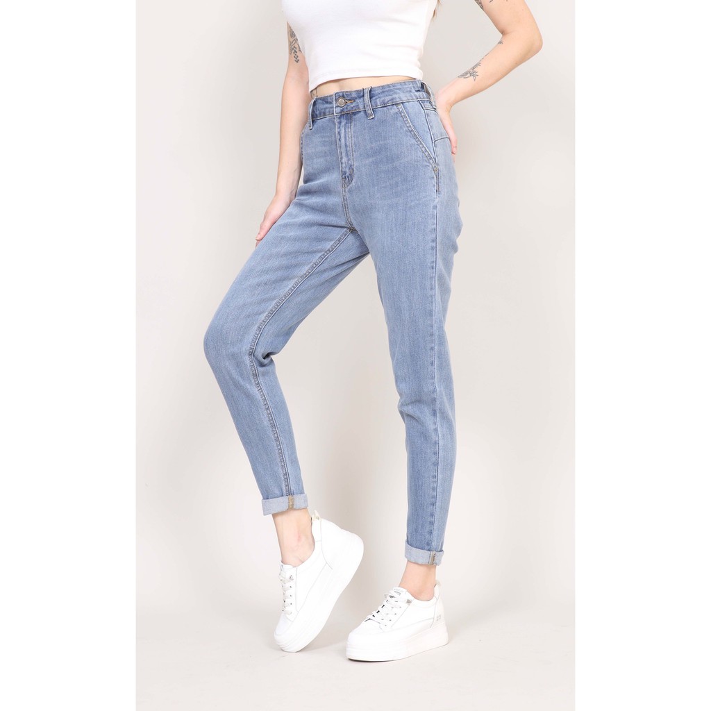 Quần jean nữ boyfriend baggy bán chun nâng mông trơn co giãn gấu thường CT JEANS