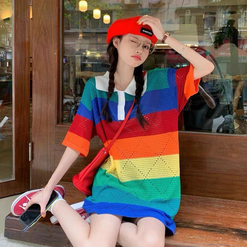 Áo len kẻ ngang vân trám oversize form rộng giấu quần