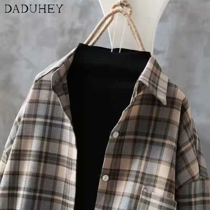 Áo khoác sơ mi DADUHEY tay dài sọc ca rô retro dáng rộng vừa vặn thời trang mới 2020 dành cho nữ