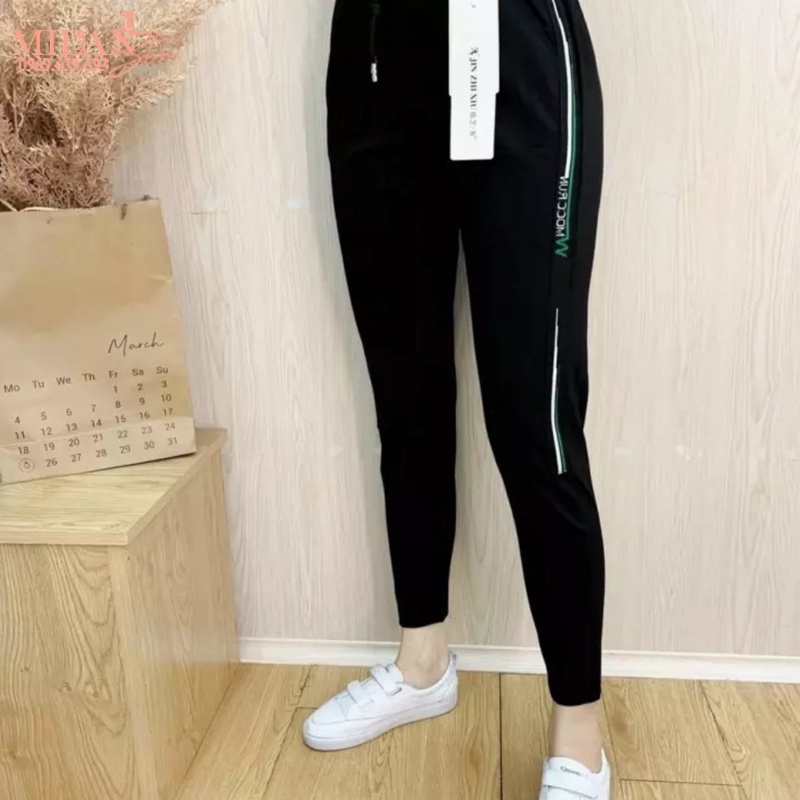 Quần jogger nữ dây rút cạp chun vải umi co giãn có túi viền kẻ trắng chữ mặc tập thể dục thao gym ở nhà đi chơi dạo