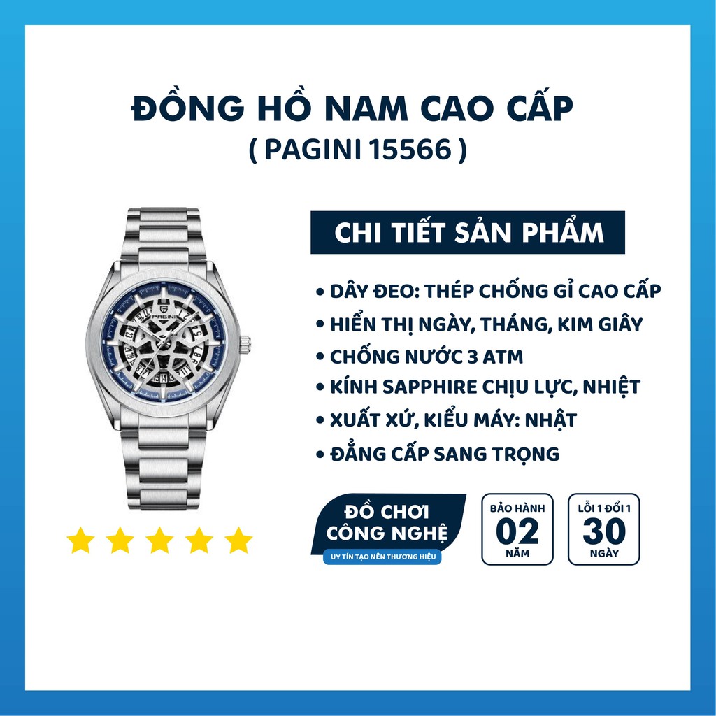 Đồng Hồ Nam PAGINI PA15566 Kim Trôi Dây Thép Đúc Đặc Không Gỉ Cao Cấp Hiển Thị Lịch Ngày Bảo Hành 12 Tháng