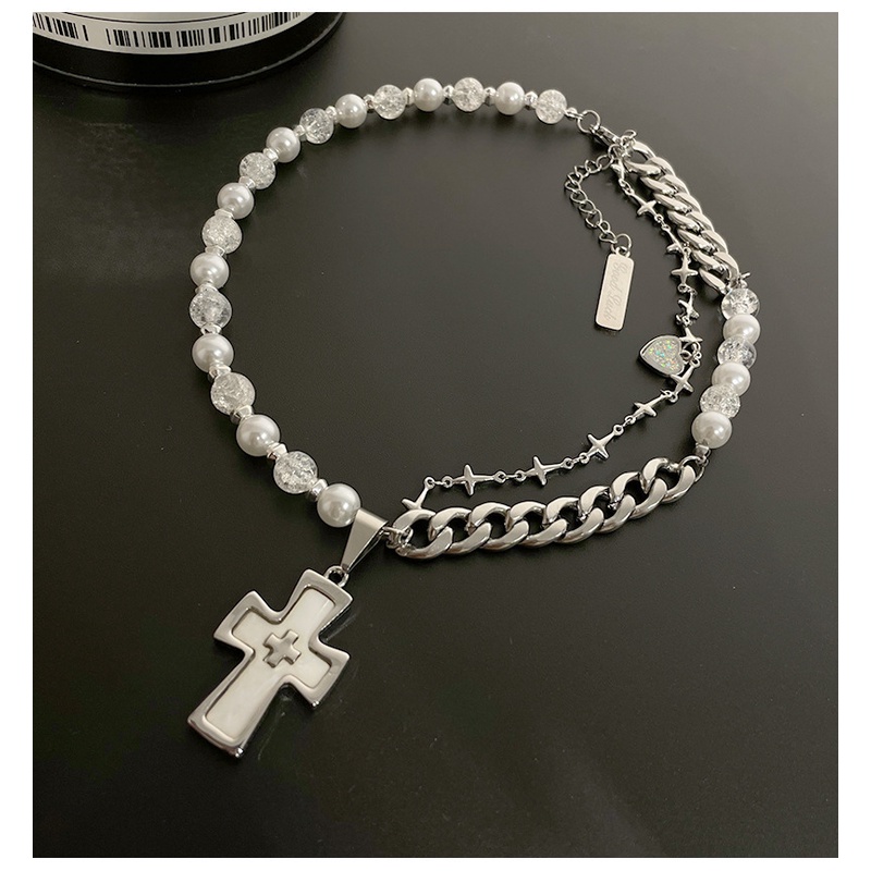 Vòng cổ Ngọc Trai Mặt Chữ Thập Phong Cách hip hop