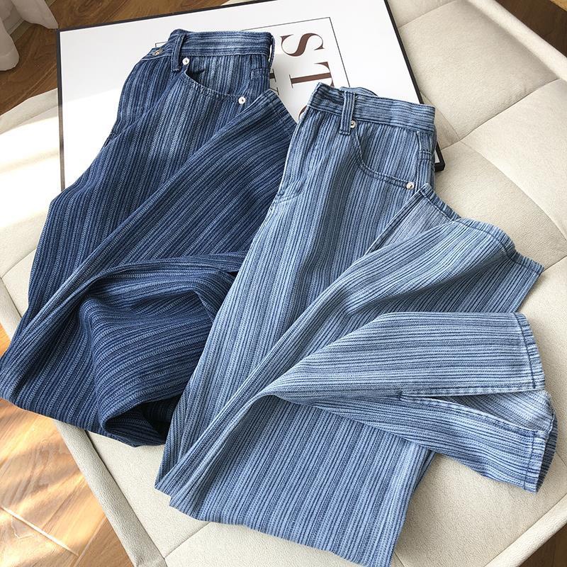 Quần denim IELGY dáng rộng ống dài lưng cao màu xanh lam cá tính dành cho nữ