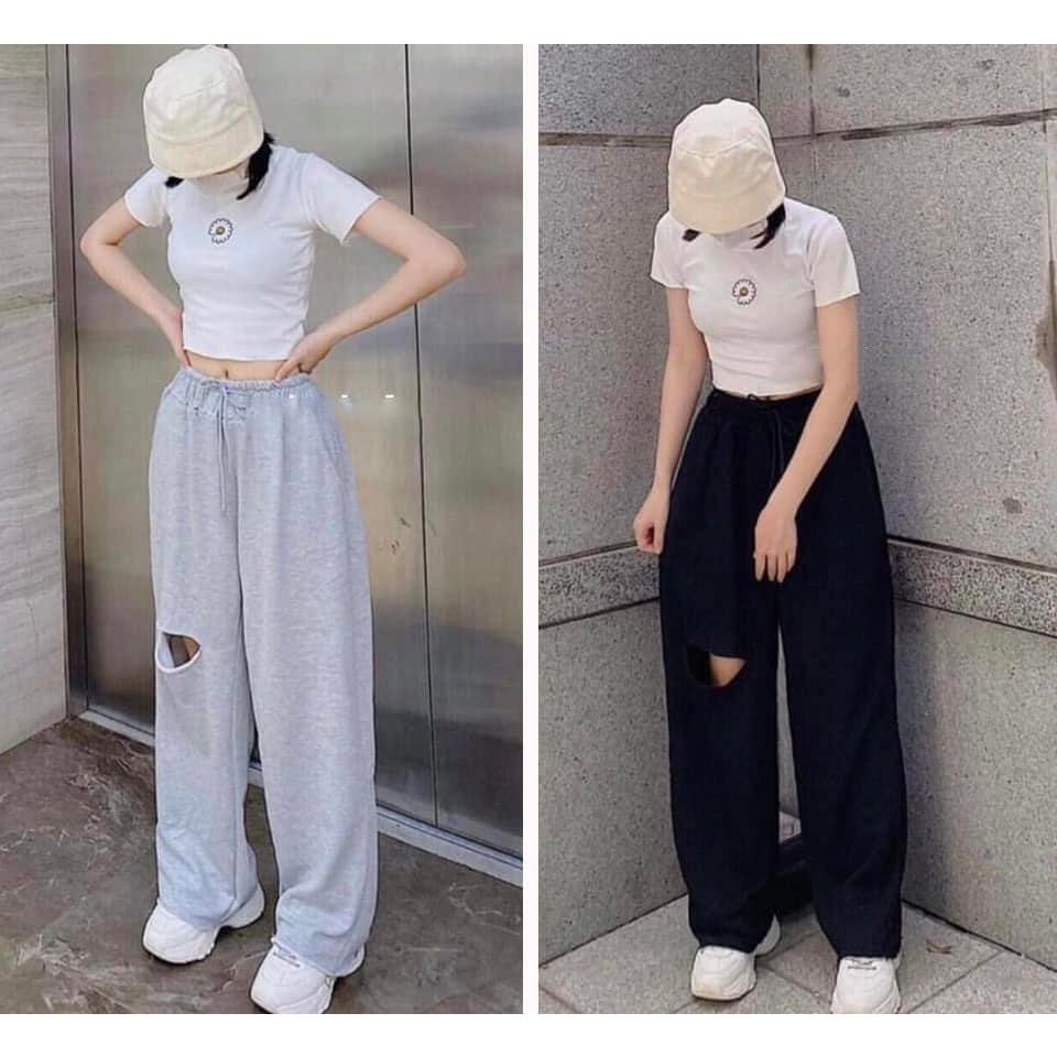 Quần thun ống rộng nữ RÁCH GỐI - phong cách hàn quốc - MAYLANSTORE