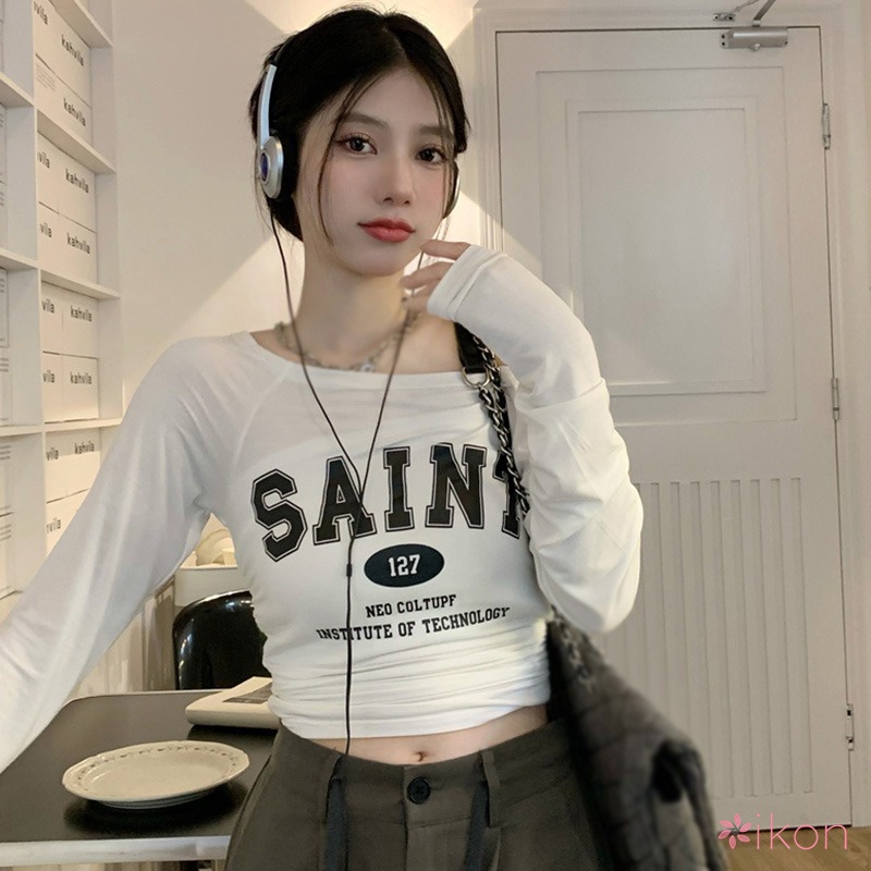 Áo Thun Tay Dài Hở Vai In Họa Tiết Phong Cách Hàn Quốc Thời Trang Cho Nữ