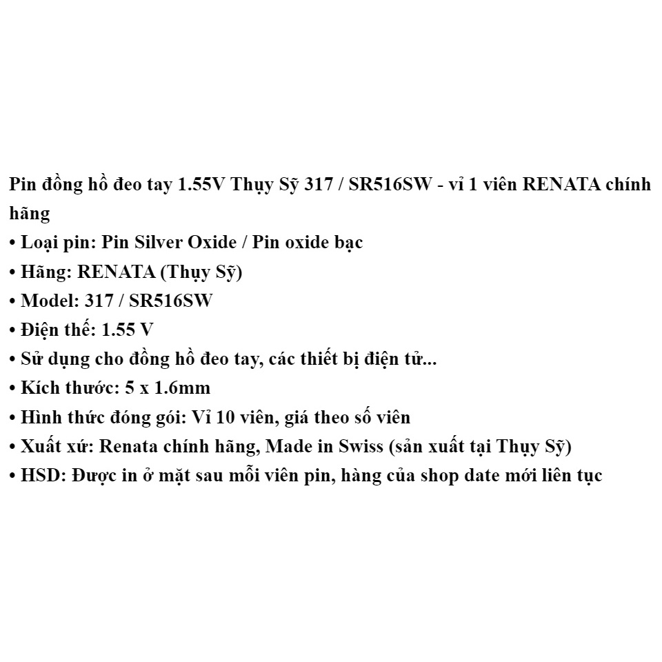 Pin đồng hồ Thụy Sỹ RENATA 317 / SR516SW oxide bạc Made in Swiss