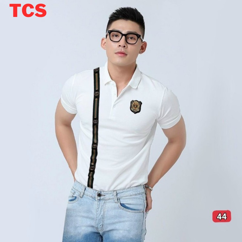 Áo thun nam có cổ Cao cấp trắng sọc dọc TCS 44